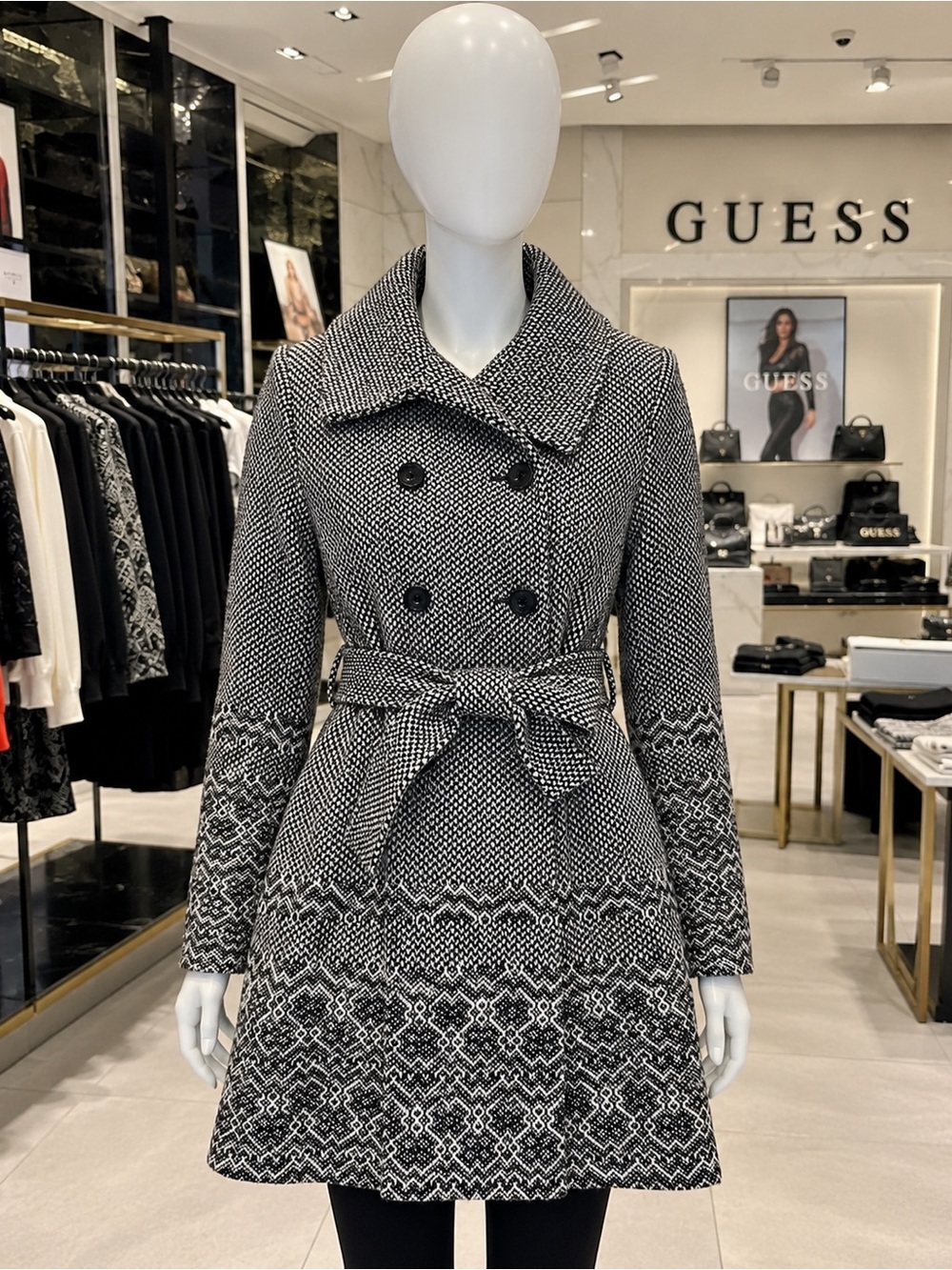 GUESS Los Angeles Wool Blend Belted Peacoat Black White Coat Medium Jacket